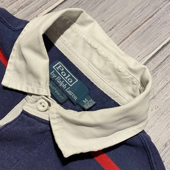 Vintage Ralph Lauren Polo Custom Fit Striped Rugby Polo Shirt M - Picture 2 of 4